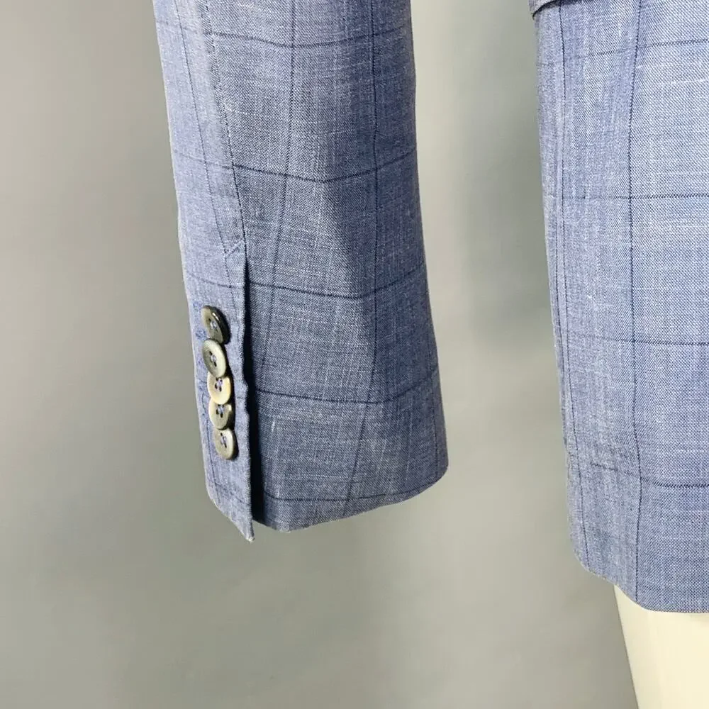 HUGO BOSS Size 40 Blue Black Window Pane Silk Linen Tailored Fit Sport Coat